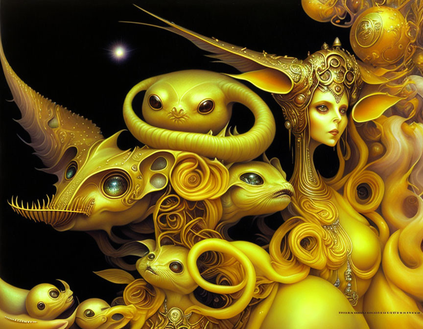 Surreal digital artwork: Woman with ornate headgear, fantastical creatures, golden structures