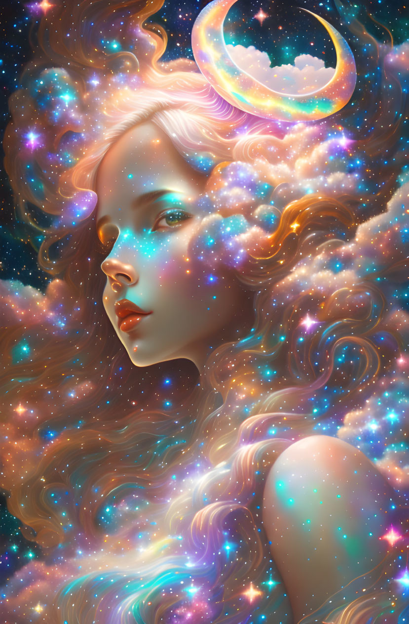 Digital artwork of a woman with celestial features in cosmic setting