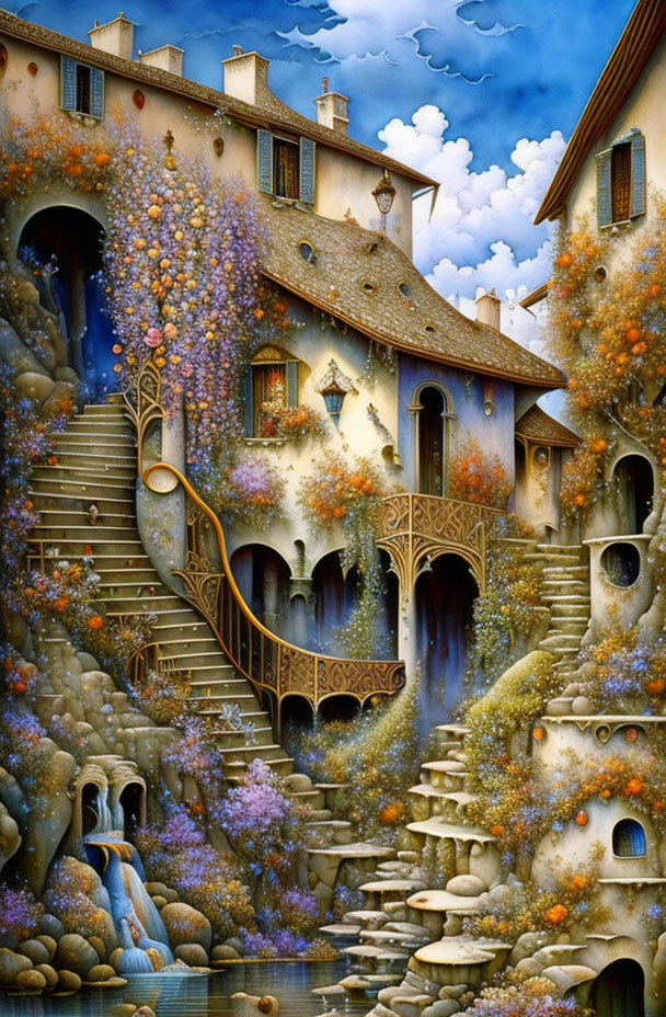 Illustration of fairy-tale stone house with blooming flowers, staircases, balconies, water