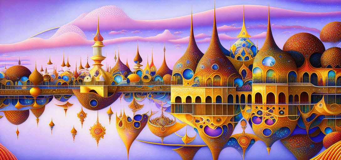 Colorful Surreal Landscape with Domed Structures and Purple Sky