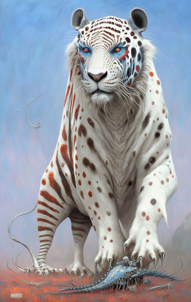 Rare White Tiger with Blue Eyes and Vibrant Blue Markings on Blue Background