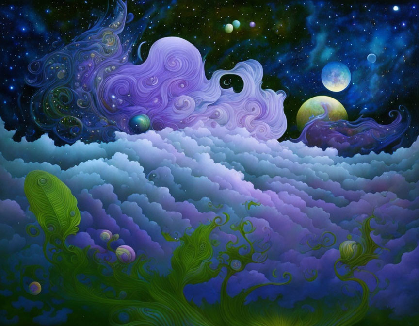 Whimsical celestial painting with purple clouds, starry sky, planets, and cosmic entity.