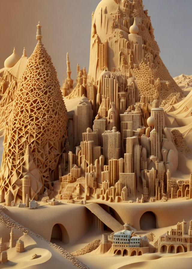 Intricate Sandcastle Structures in Fantastical Sandy Landscape