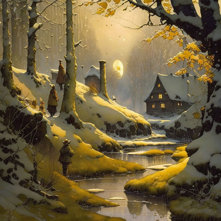 Winter Cottage by Stream: Snow, Bare Trees, Warm Light, Full Moon