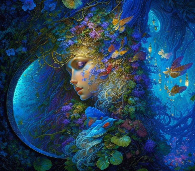 Woman's face merges with vibrant fantasy forest in rich blue and purple hues