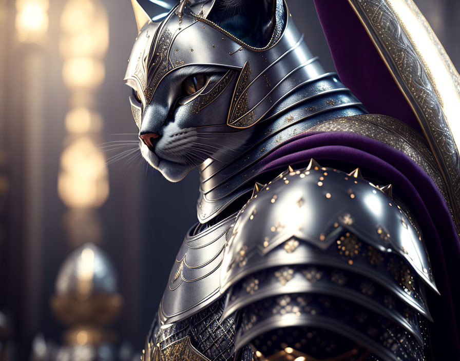 Regal armored cat in detailed metallic armor standing in grand hall