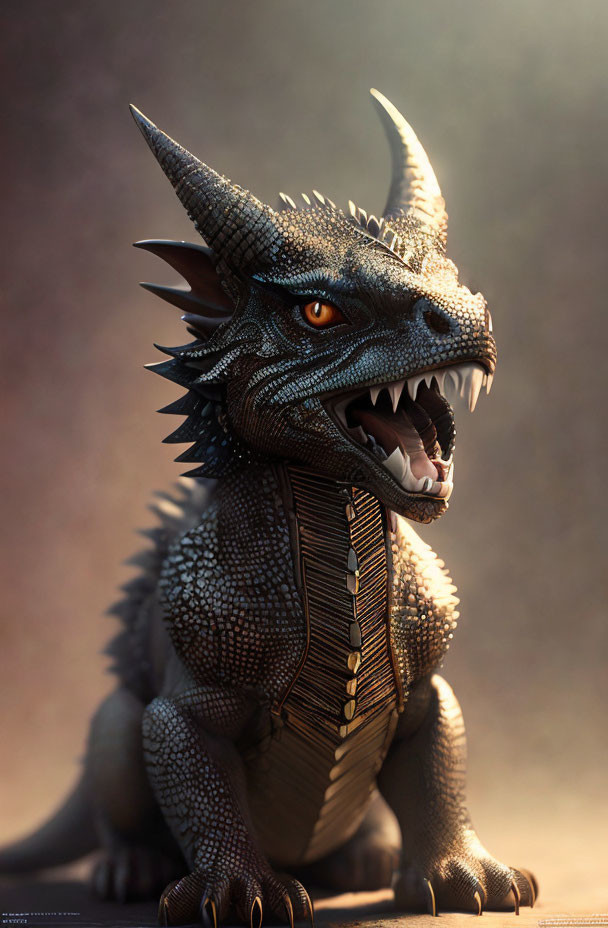 Detailed digital illustration: Snarling dragon with sharp horns and textured scales in dramatic lighting