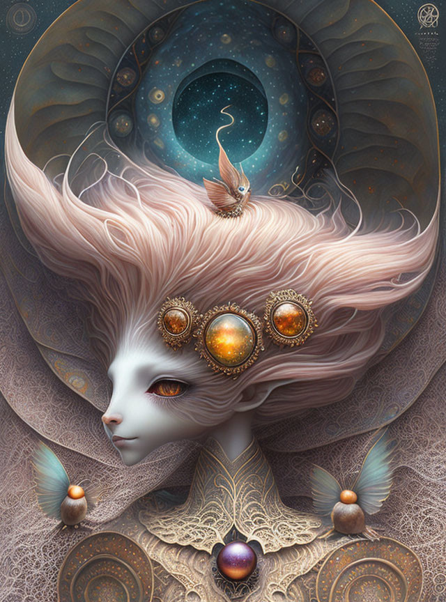 Fantastical creature portrait with human-like face and ornate jewelry in cosmic setting