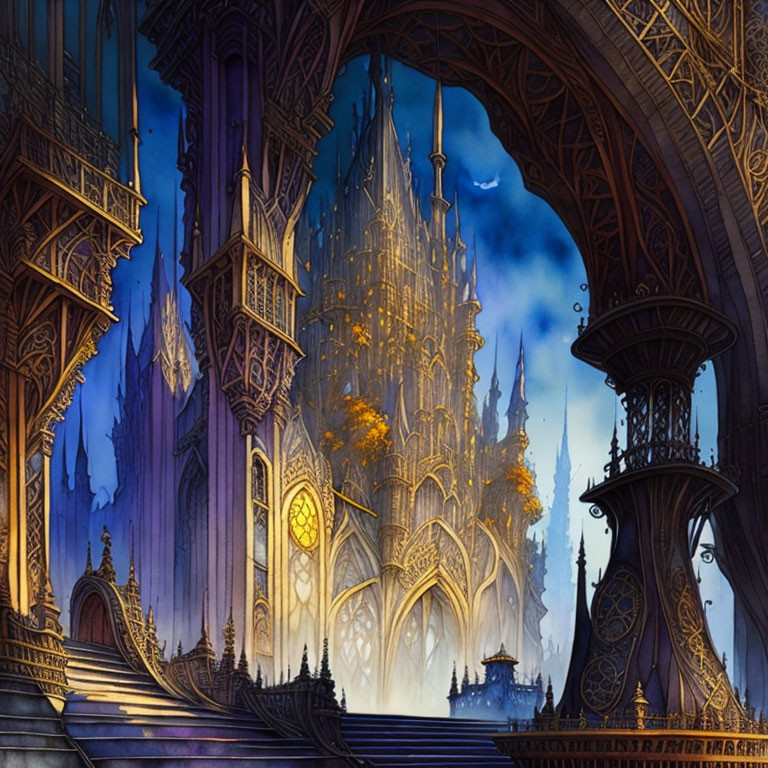 Fantasy cathedral with gothic architecture and twilight sky