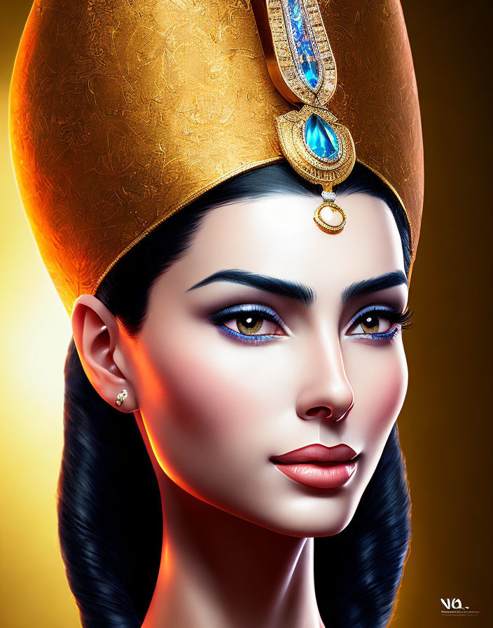 Digital portrait of woman with ornate golden headdress and striking features