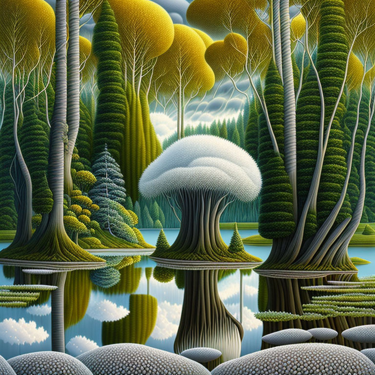 Surreal forest with oversized mushrooms, bulbous trees, and mirror-like lake