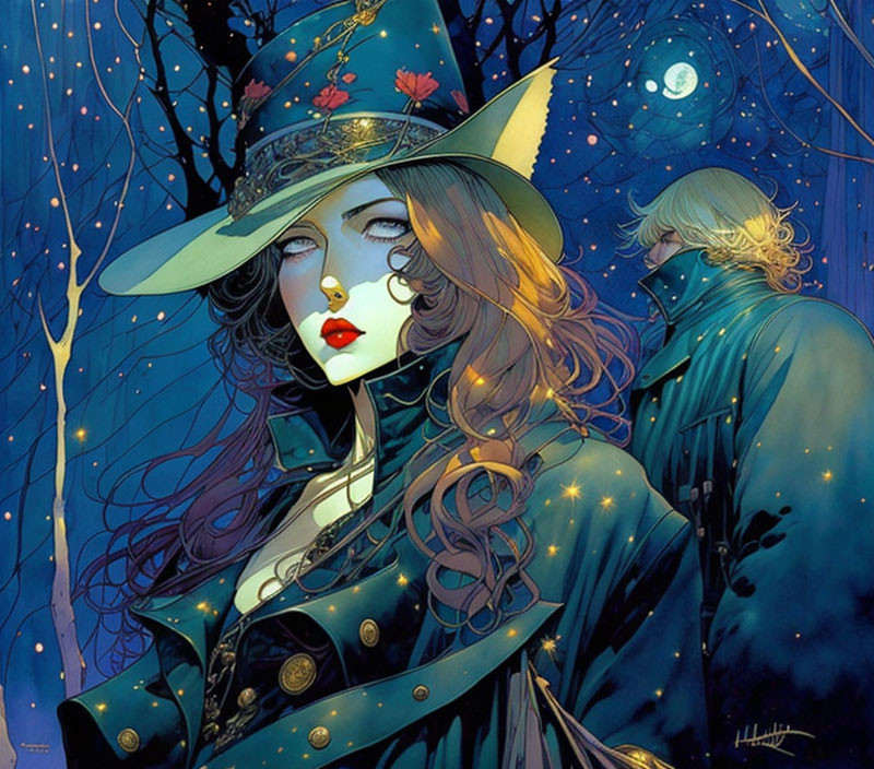 Illustrated woman in wide-brimmed hat under starry night with shadowy figure