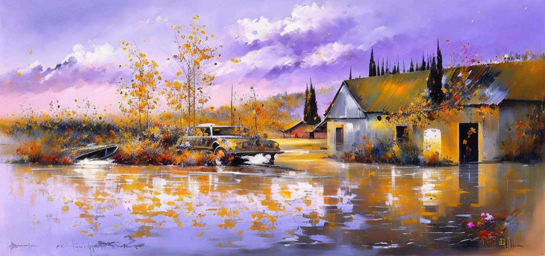 Colorful rural landscape with vintage car by waterside in autumn