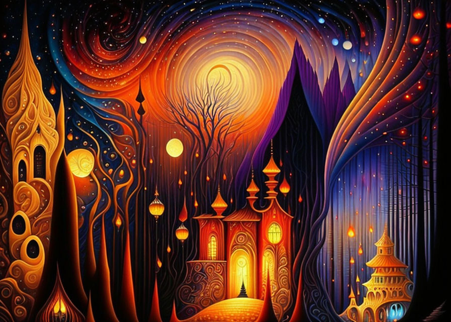 Illustration of ornate building under starry sky and mountains.