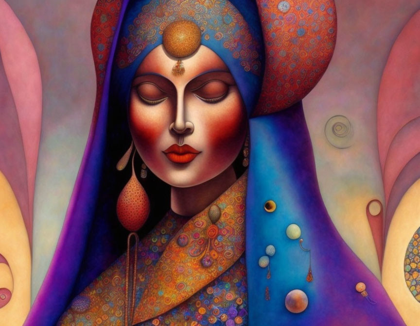 Colorful portrait of a woman with celestial motifs and gold accents