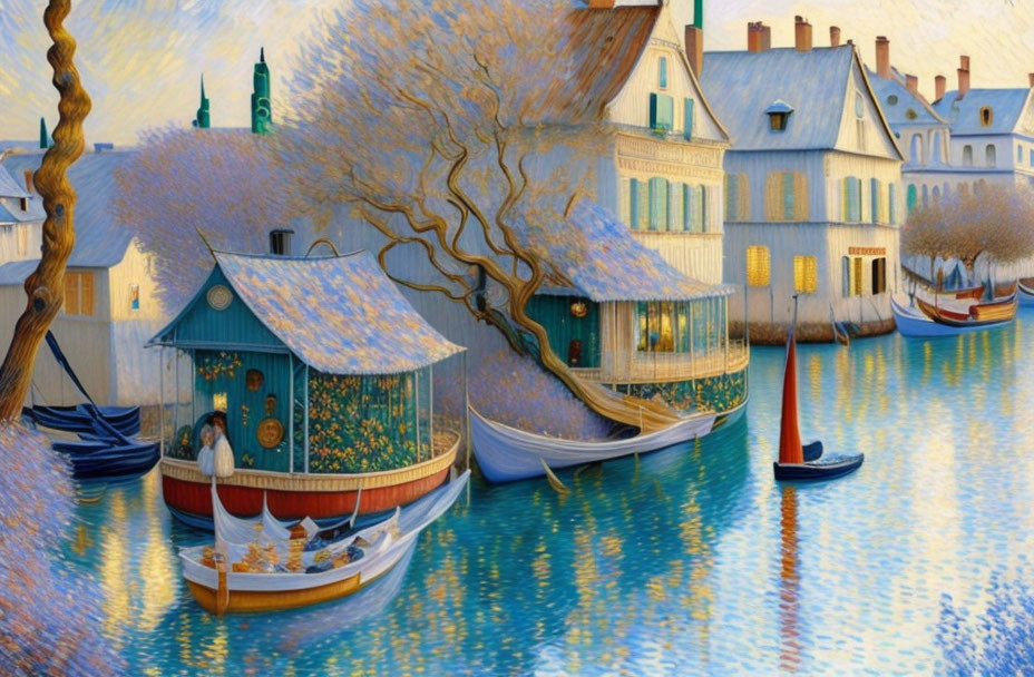 Colorful painting of tranquil canal with boats and blossom-filled trees