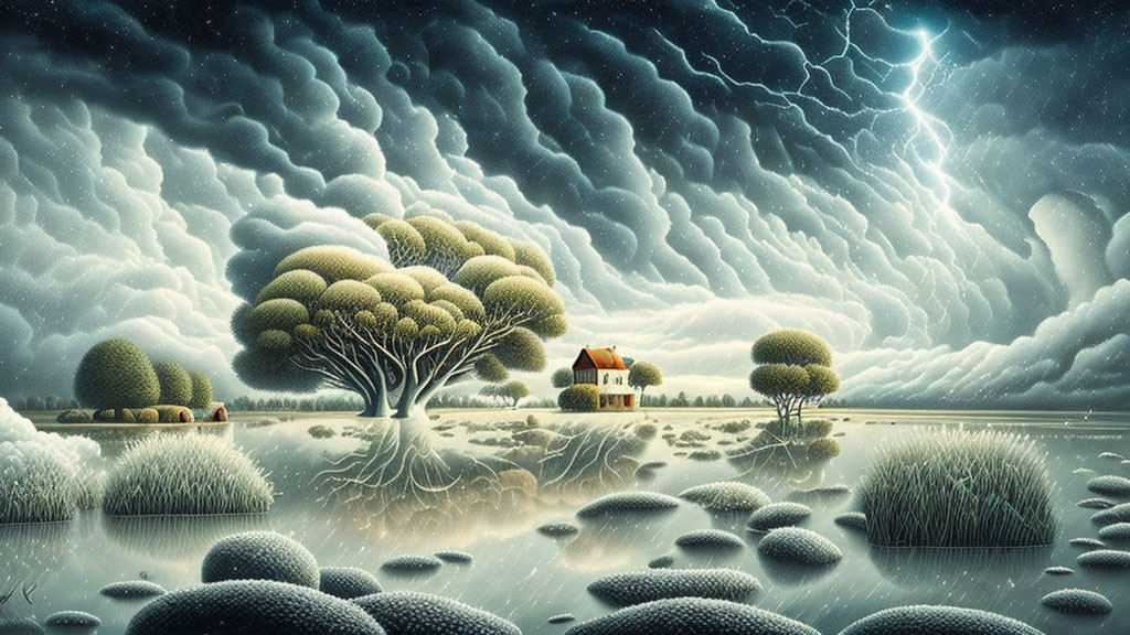 Surreal landscape with house, tree, topiaries, bushes, and stormy sky