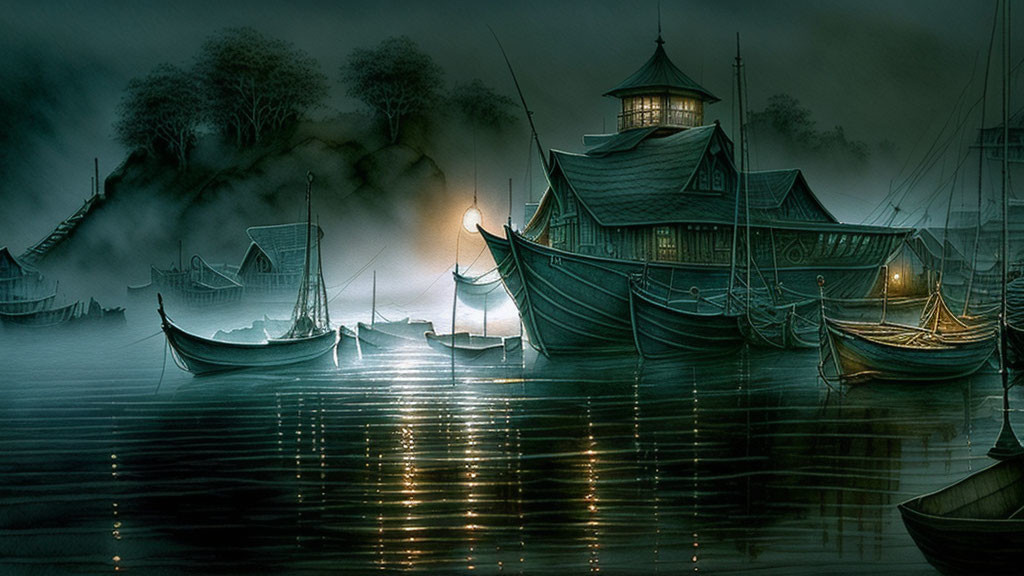 Nighttime harbor with boats, wooden house, mist, calm water, dusky blue ambiance