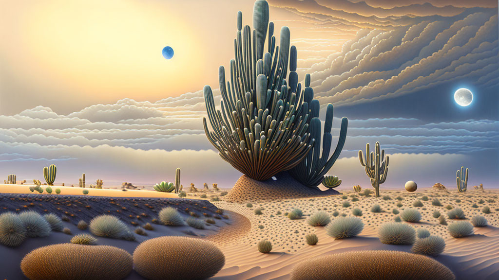 Surreal desert landscape with stylized cacti and dual moons/suns