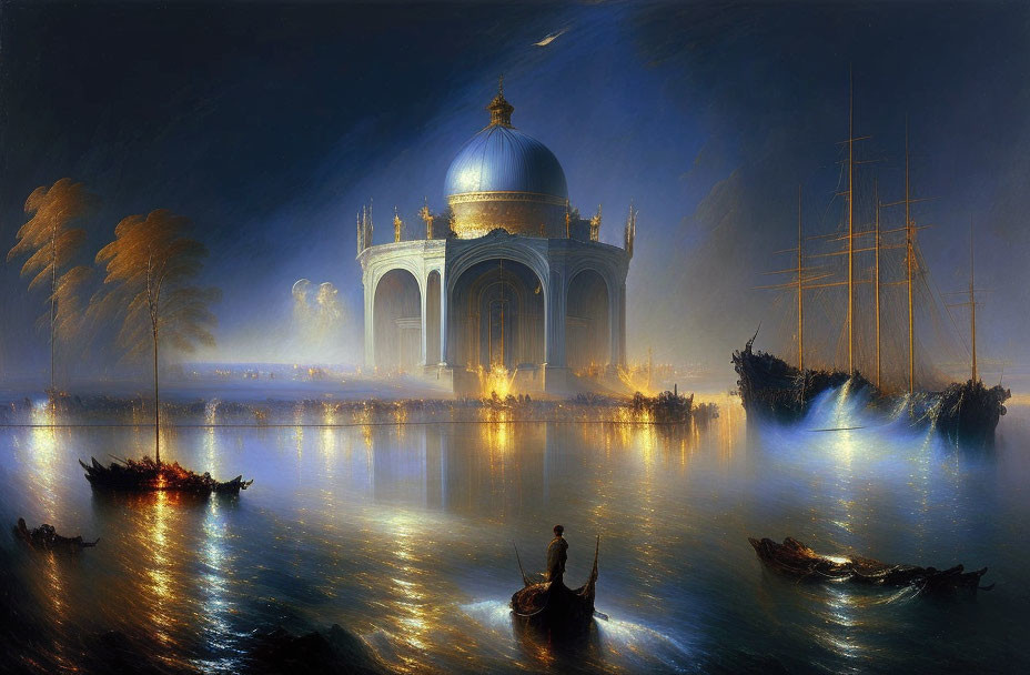 Nocturnal scene: grand domed structure by water with golden lights and silhouettes.