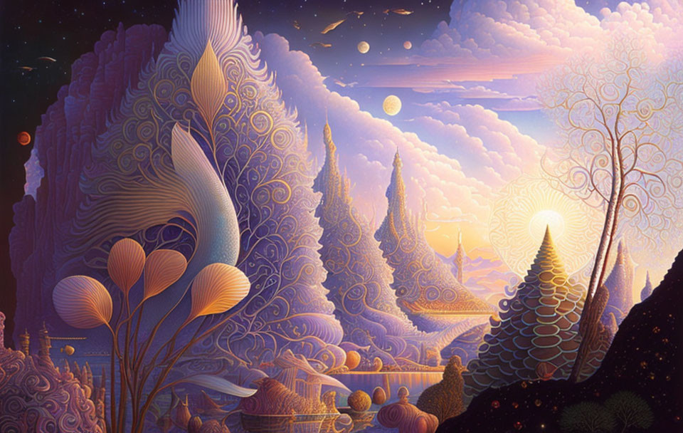 Fantastical landscape with whimsical trees and moons