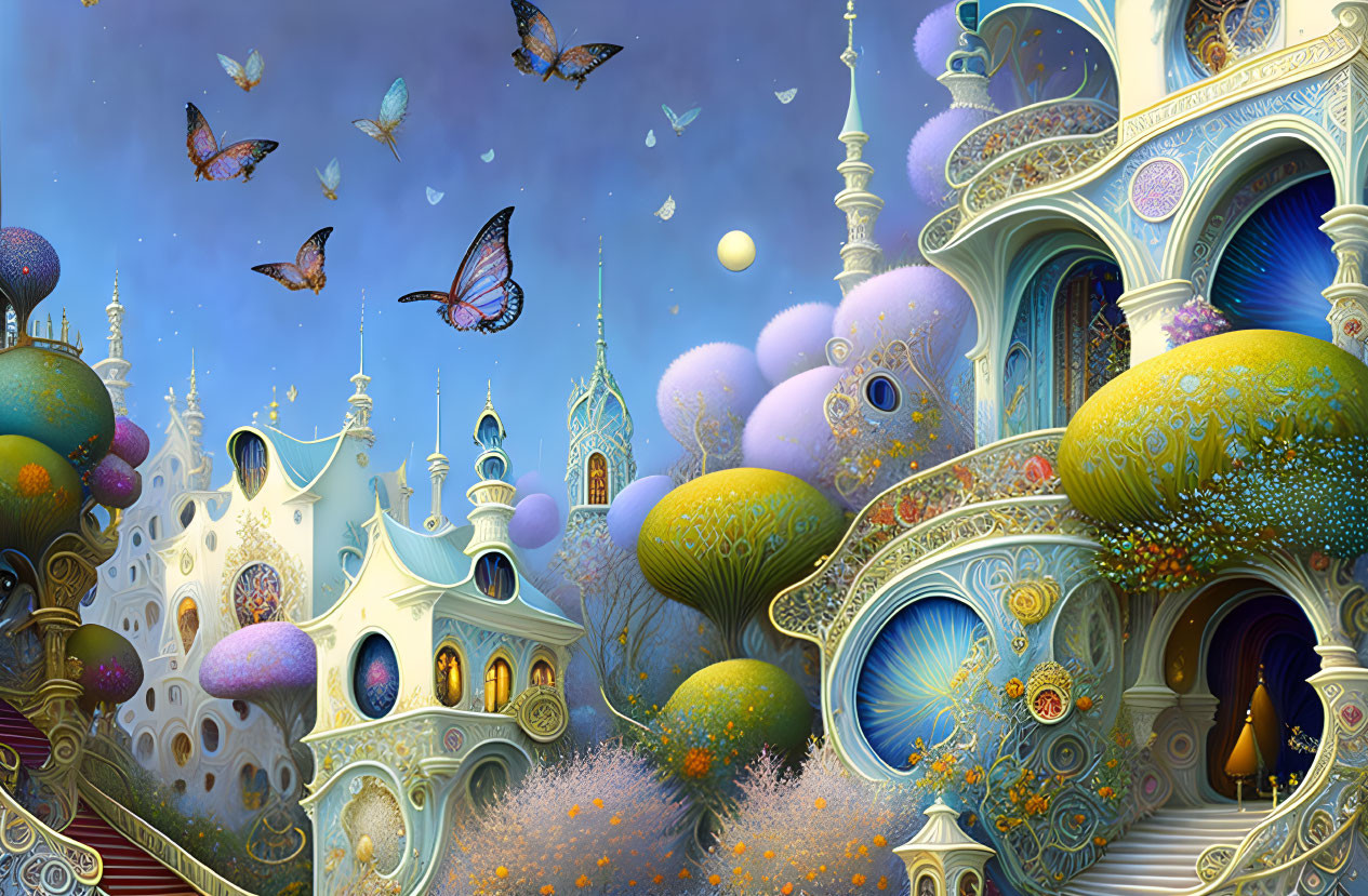 Colorful Buildings, Whimsical Trees, Floating Butterflies: Serene Moonlit Landscape