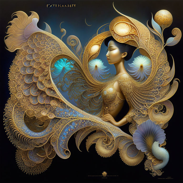 Golden-adorned woman in celestial-themed illustration