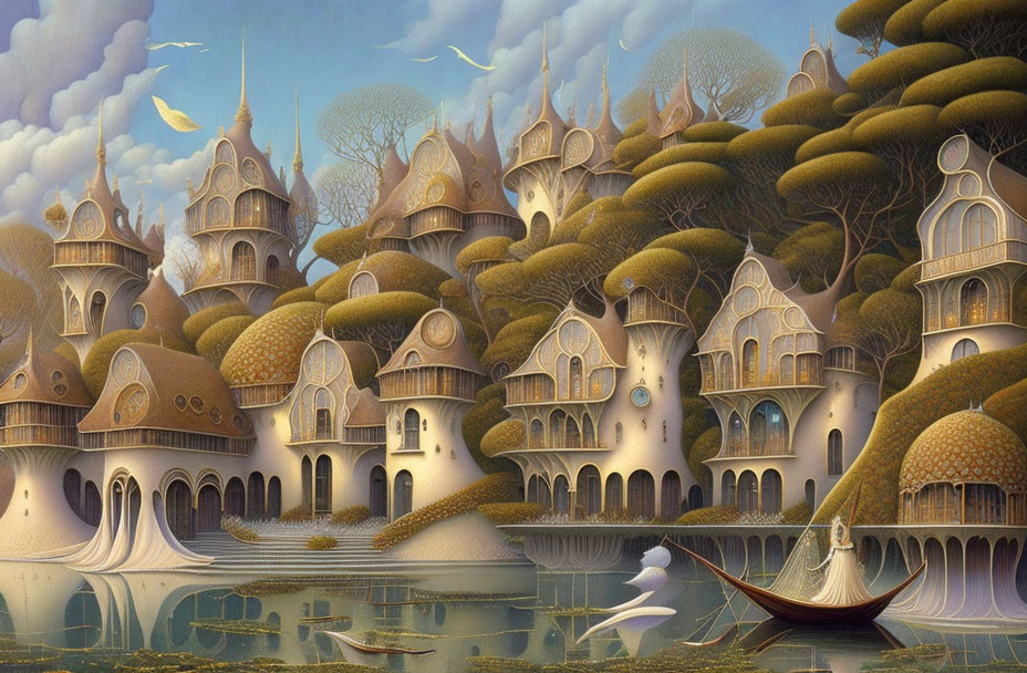 Fantasy landscape with tree-like houses, bridges, and river scene