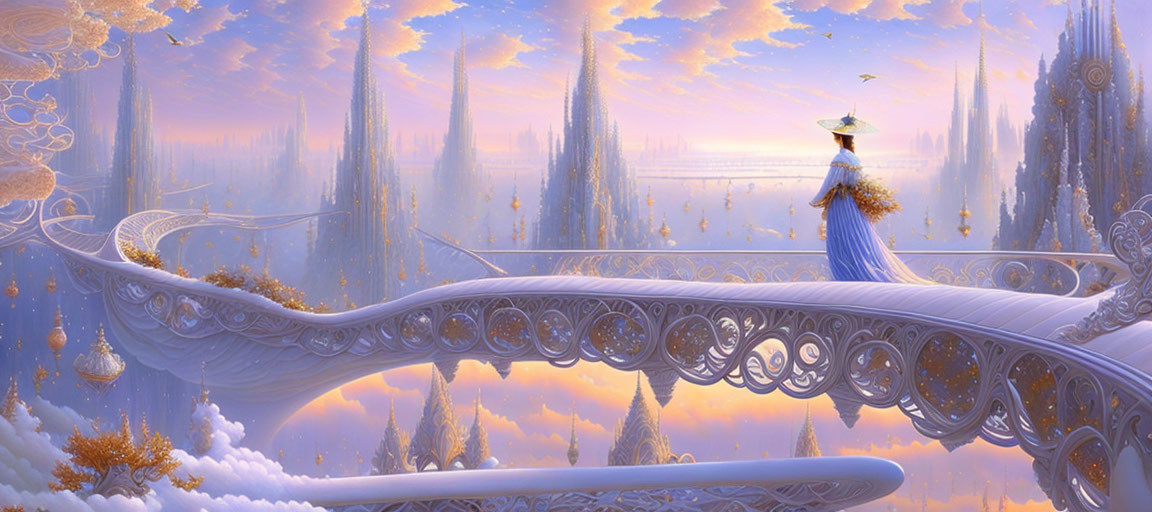 Person in Blue Dress and Hat on Ornate Bridge in Fantastical Landscape