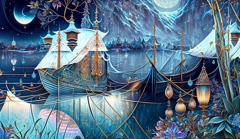 Fantasy illustration: Magical nighttime scene with whimsical architecture, glowing lanterns, and radiant moon.