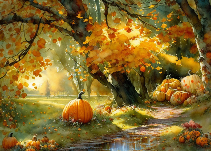 Golden-leaved trees and pumpkins in vibrant autumnal scene