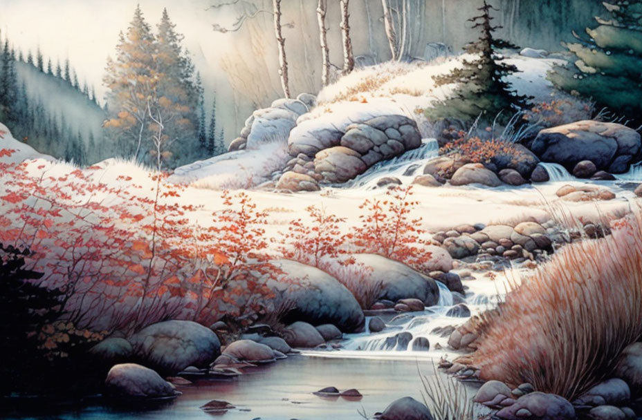 Tranquil winter scene with waterfall, snow-covered rocks, red foliage, and misty evergreen