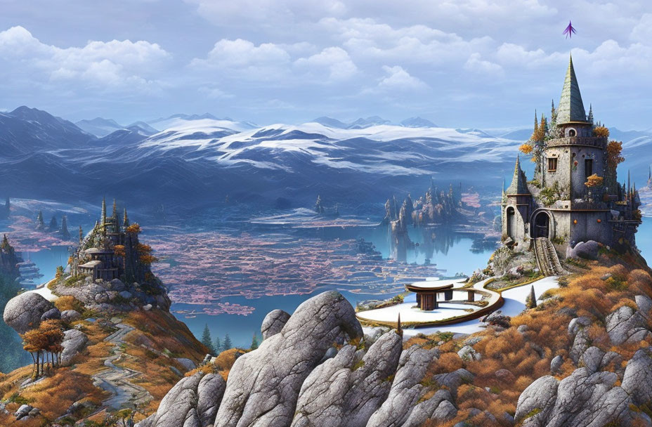 Fantasy landscape with castle, lake, mountains, and dragon