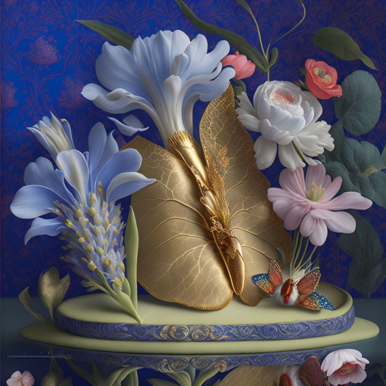 Golden ballet shoe with irises, roses, and butterflies on blue background