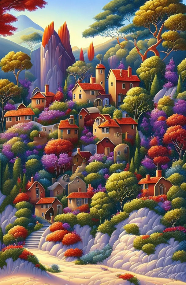 Colorful, whimsical landscape with stylized trees and fantastical houses nestled in rolling hills