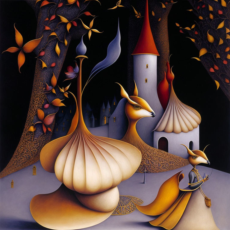 Surreal painting of anthropomorphic creatures, castle, candles, and butterflies