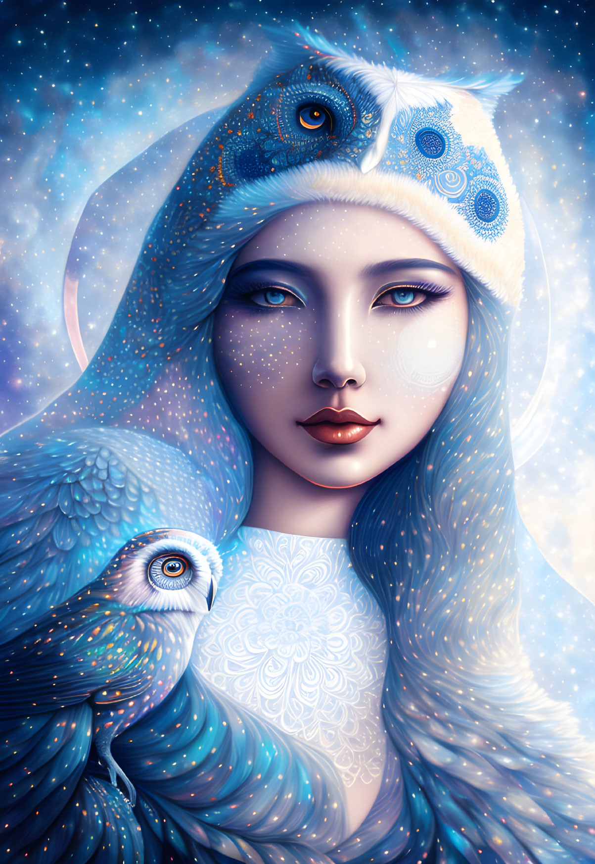 Digital portrait of a woman in blue owl cloak with starry backdrop