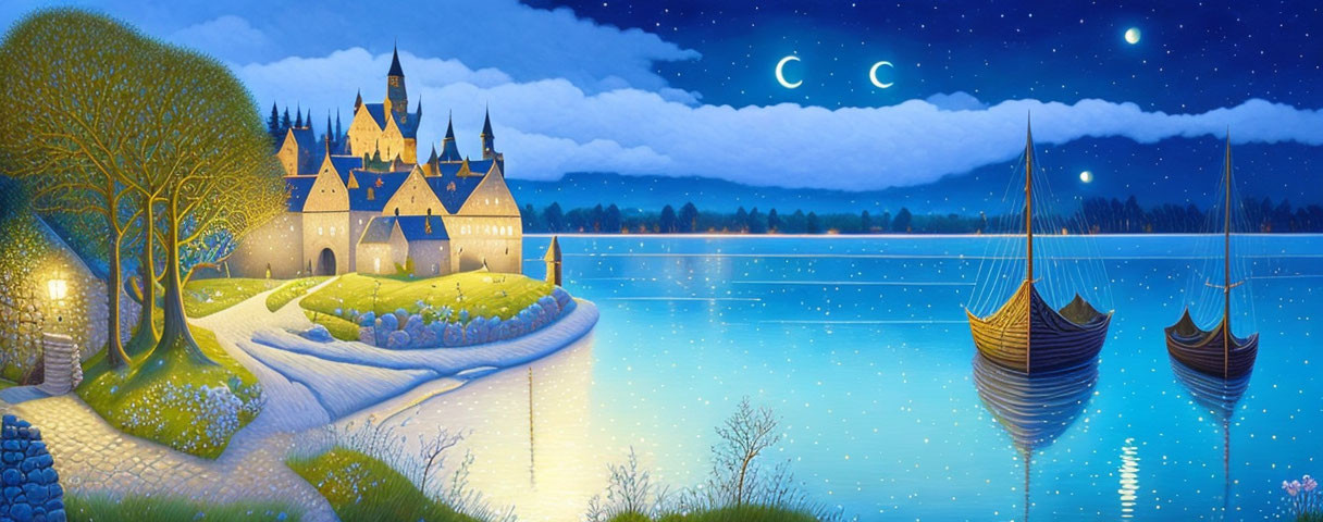 Castle by Lake: Glowing Trees, Sailboats, Starry Sky