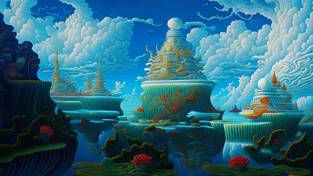 Fantasy pagodas in serene landscape with lotus blossoms