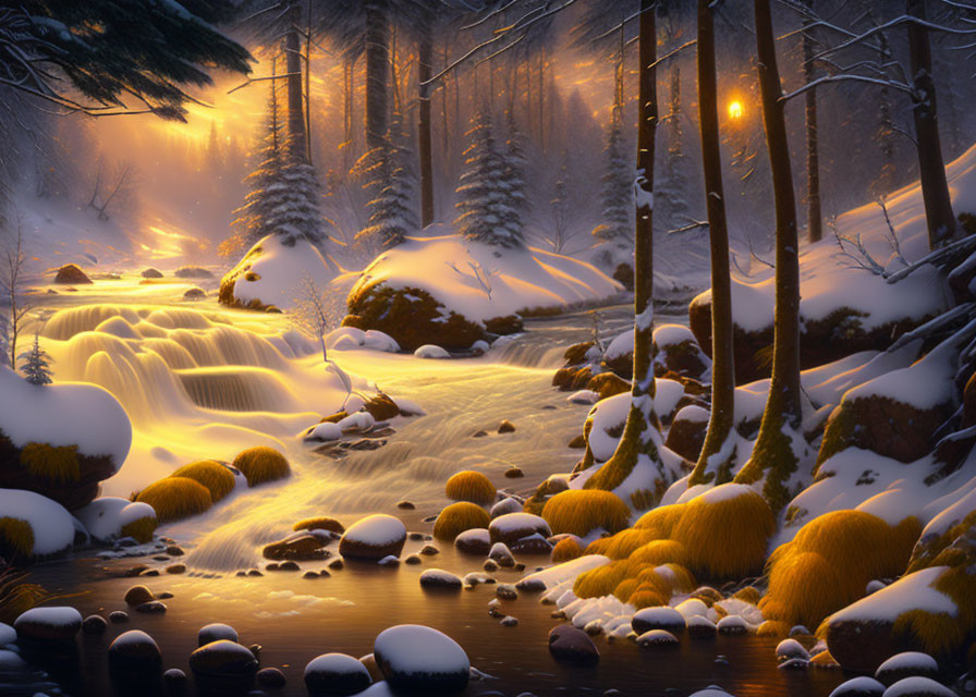 Golden sunrise over snowy forest and river with moss-covered rocks