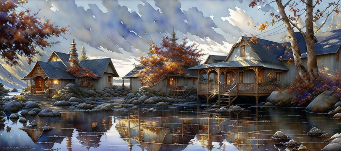 Rustic cabins in autumn setting by calm lakeside