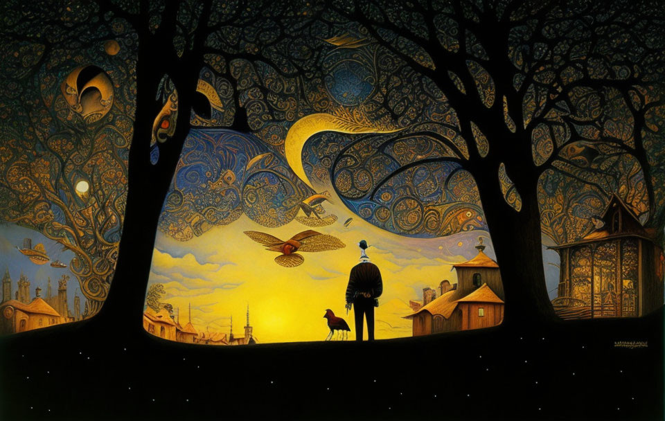 Vibrant night scene with man, dog, trees, gazebo, and flying fish