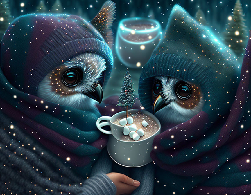 Adorable owls in cozy scarf under starry sky with warm drink