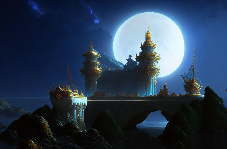 Fantastical castle at night with moon, arched bridge, rocky terrain, calm sea