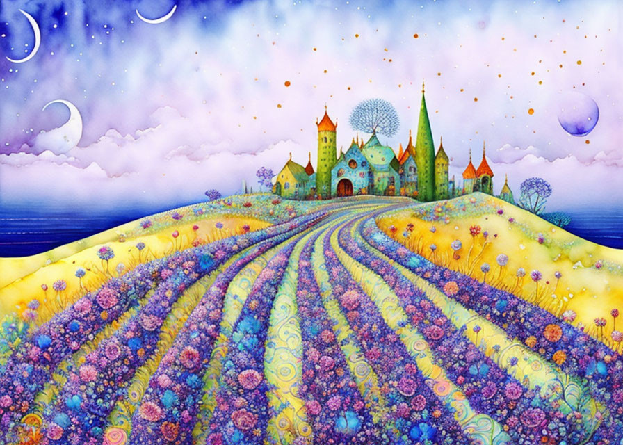 Colorful castle on hill in whimsical landscape under starry sky