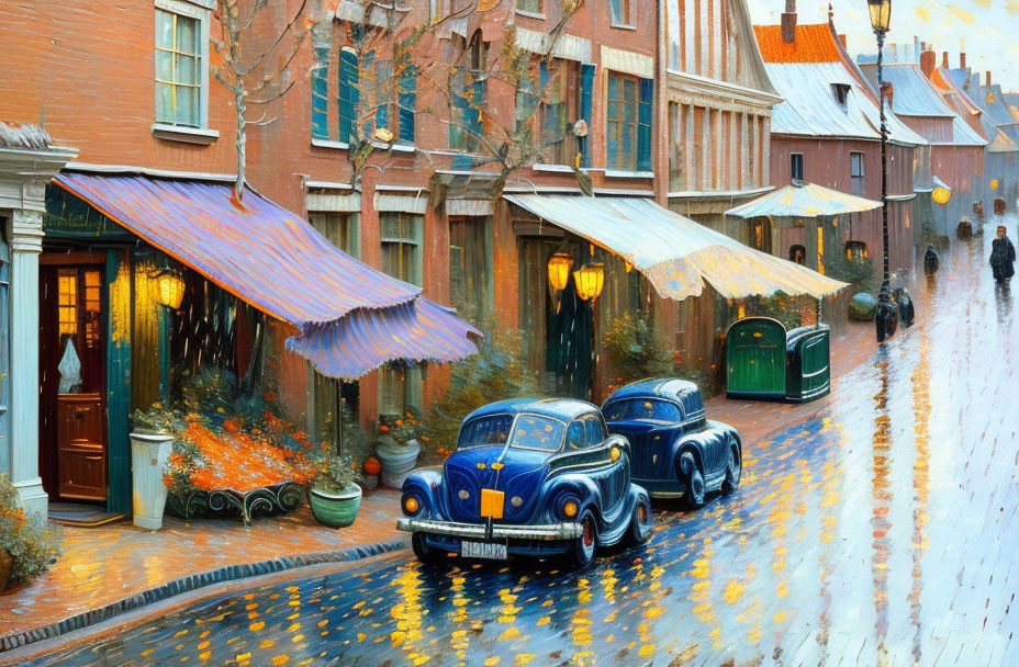 Vintage blue car painting on cobblestone street with lit shopfronts & fallen leaves