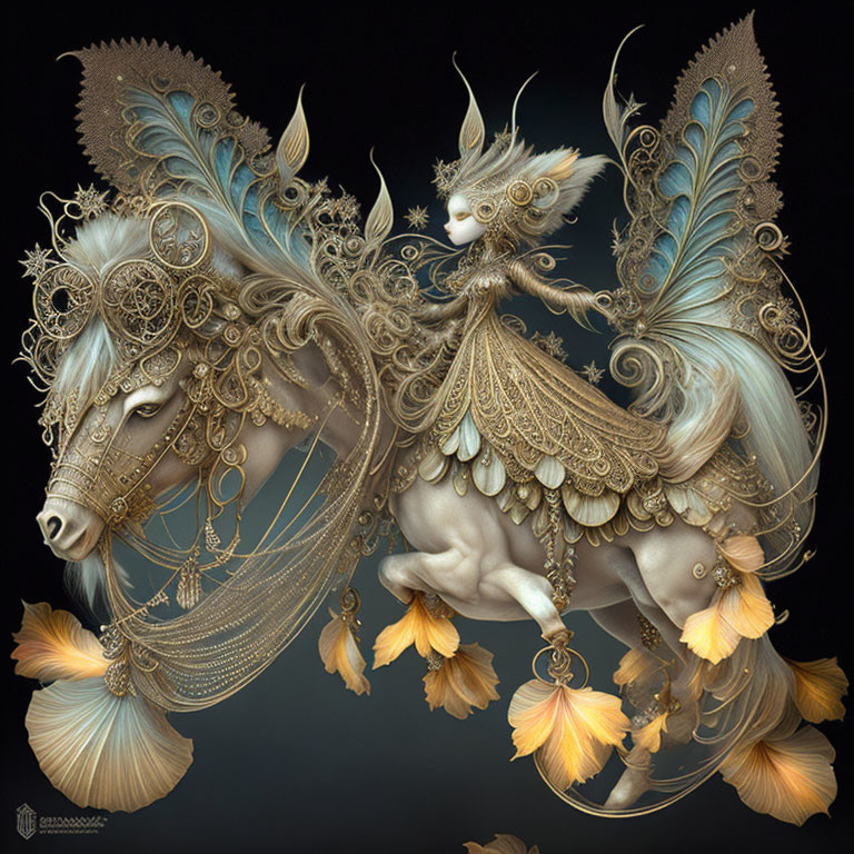 Fantastical winged creature with horse and bird elements in golden filigree.