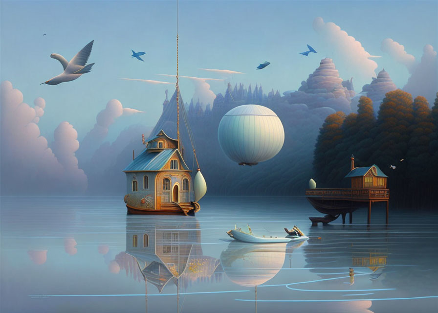 Tranquil landscape with floating church-like house and hot air balloon.