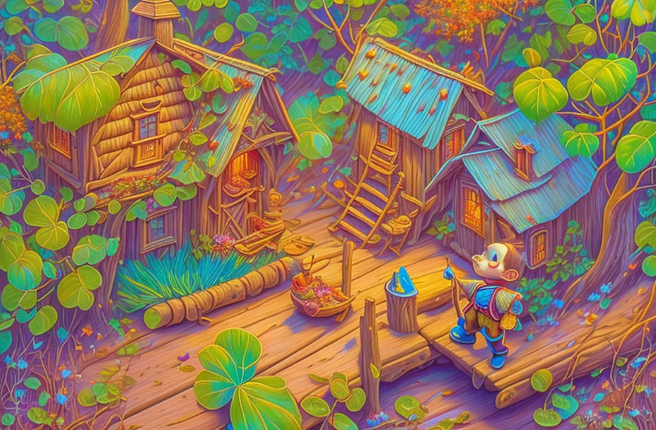 Whimsical forest village with cabins, character, and boat in lush greenery