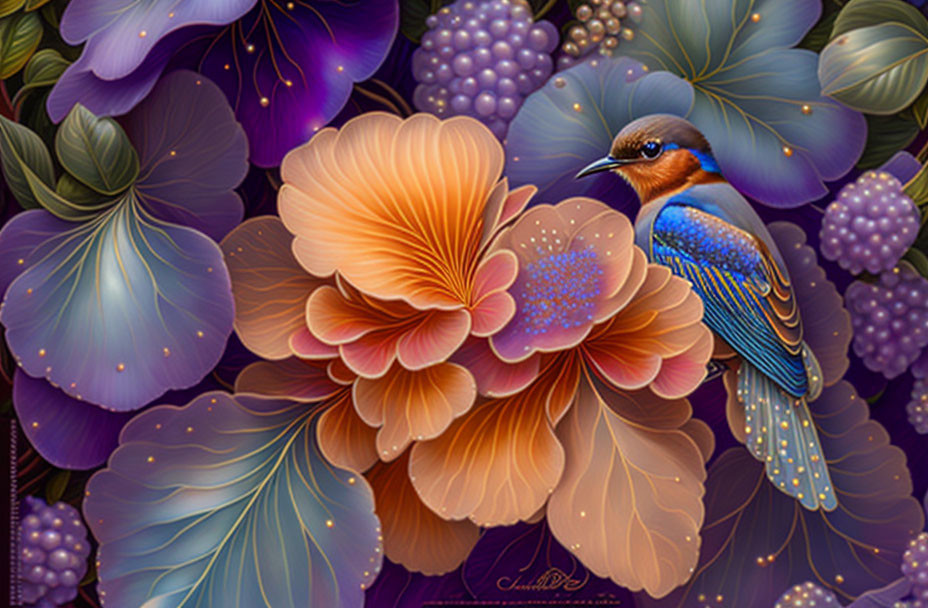 Colorful digital painting of blue and orange bird on purple flowers with dreamy background